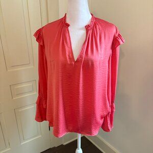 Coral Pink Pullover Blouse with Long Bell Sleeves and Ruffle Trim, a new day, M
